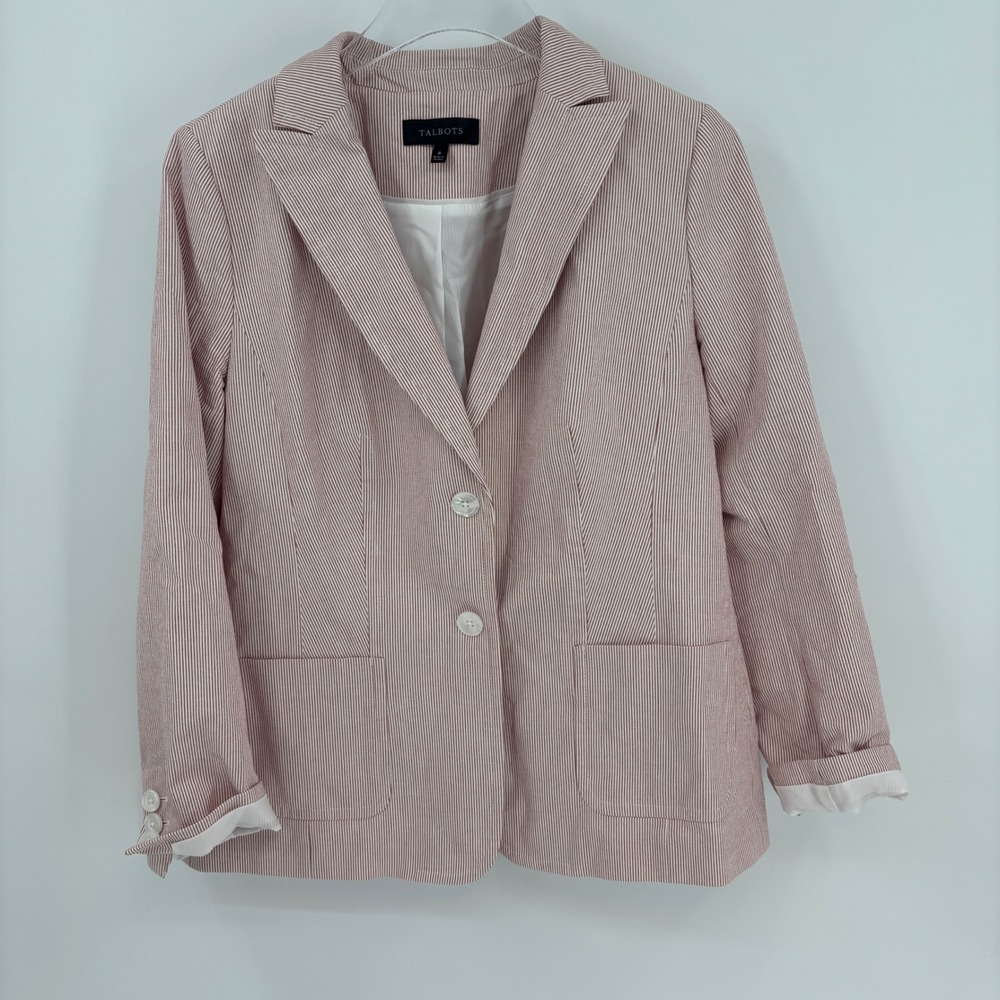 Talbots Blazer Women 8 Red White Striped Seersucker Cotton Blend Two Button